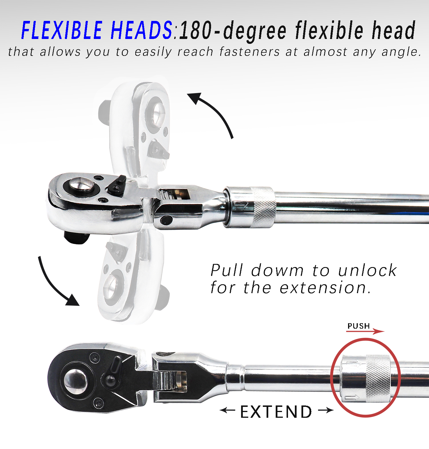 JONJEA 1/4" Drive Stubby Ratchet Handle – 72-Tooth Flex Head, 93mm Flattop, 115mm Overall