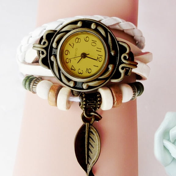 NovaStitch Women's VintageLeather Wrap Bracelet Watch Leaf Charm Pendant Analog Quartz for Ladies Boho Jewelry Gift