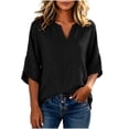 thumbnail image 4 of MaFYtyTPR Women's V-Neck Linen Top 3/4 Sleeve Collarless Casual Blouse Solid Loose Fit Three-Quarter Sleeve T-shirt for Daily Wear A-Black XL, 4 of 6