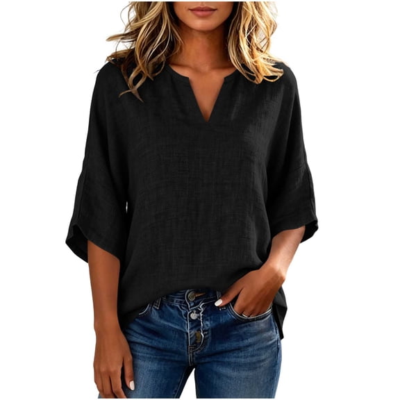 Linen Tops for Women Split V Neck Blouses Womens Loose Fit Casual Tshirts 3/4 Length Sleeve Solid Blouses Women Trendy Summer Outfits