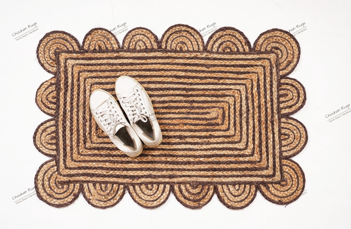 Rectangle Rug Natural Jute Rug Hand Braided Beige and Brown Color Stripes Line Area Rug