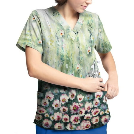

Plus Size Printed Scrub Working Uniform Tops For Women V-Neck Short Sleeve T-Shirts Workwear Tee With Pockets