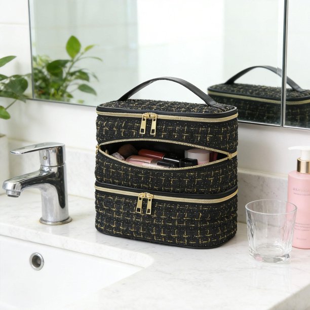 Neceser de viaje para baño, organizador de cosméticos, resistente al agua, con cremallera, para mujer, bolso de mano para brochas de maquillaje, para Oro Negro