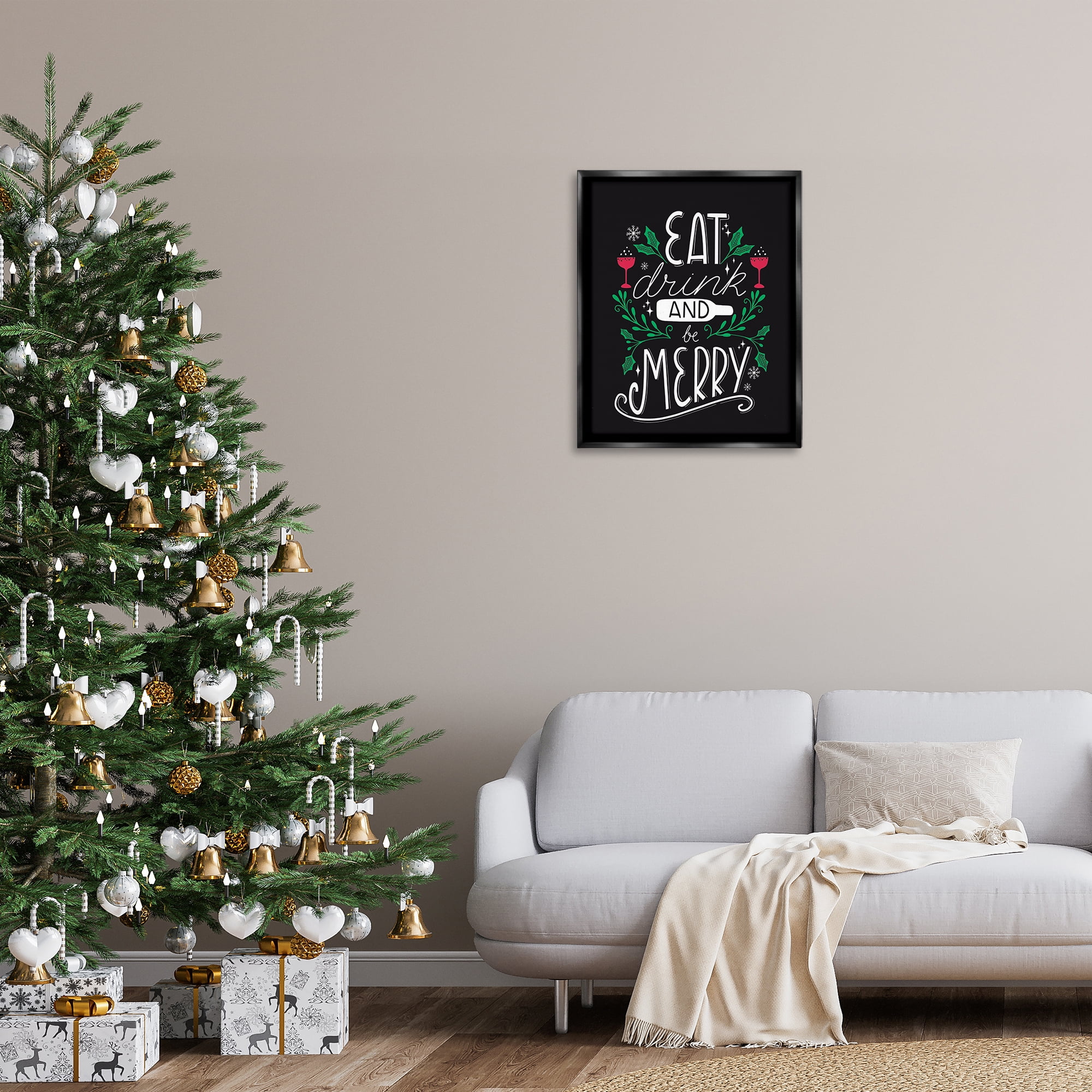 Stupell Industries Eat Drink and Merry Xmas Holiday Painting Black Floater Framed Canvas Art Prints Wall Art, 25 x 31