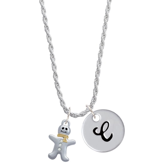 Delight Jewelry Two-tone Gingerbread Man with Crystal Buttons Silvertone Script Initial Disc - C - Charm Necklace, 20"+3"
