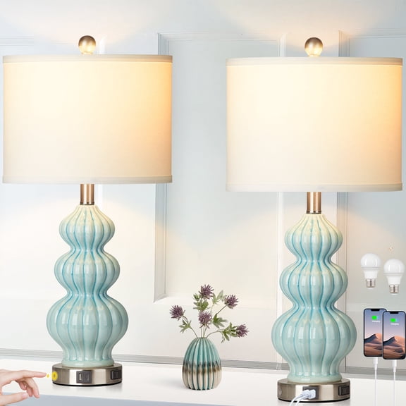 Cinkeda Triple Gourd Ceramic Table Lamp Set of 2 with USB A C Ports AC Outlet for Bedroom Living Room Modern Blue 3 Way Dimmable Touch Control Bedside Nightstand Lamps