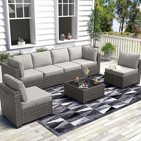 7 Piece Patio Furniture Sets Outdoor Sectional PE Rattan Outdoor Furniture Patio Conversation Set with Cushions and Glass Coffee Table, for Balcony Lawn and Garden, Gray