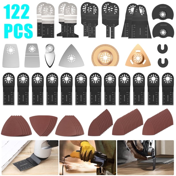 hoja de sierra 122 Hojas De Herramientas Oscilantes, Madera, Metal, Plástico, Liberación Rápida, Hojas De Sierra Multiherramienta Oscilantes, Accesorios Con Papel De Lija, Compatibles Con Dewalt, Milw Muyoka Hogar