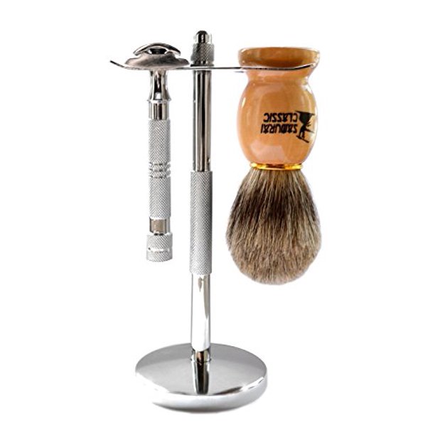 Classic Samurai 203S Safety Razor Shaving Set Pure Badger Brush