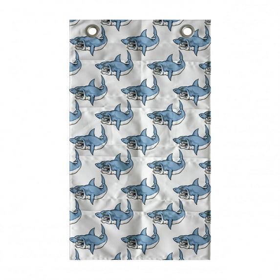 Sea Animals Hanging Pocket Organizer, Fierce Predator Wild Shark Swimming Sharp Teeth Bite Nautical Theme Pattern, Printed Polyester Storage Bag with Pockets, 21" x 31", Blue White