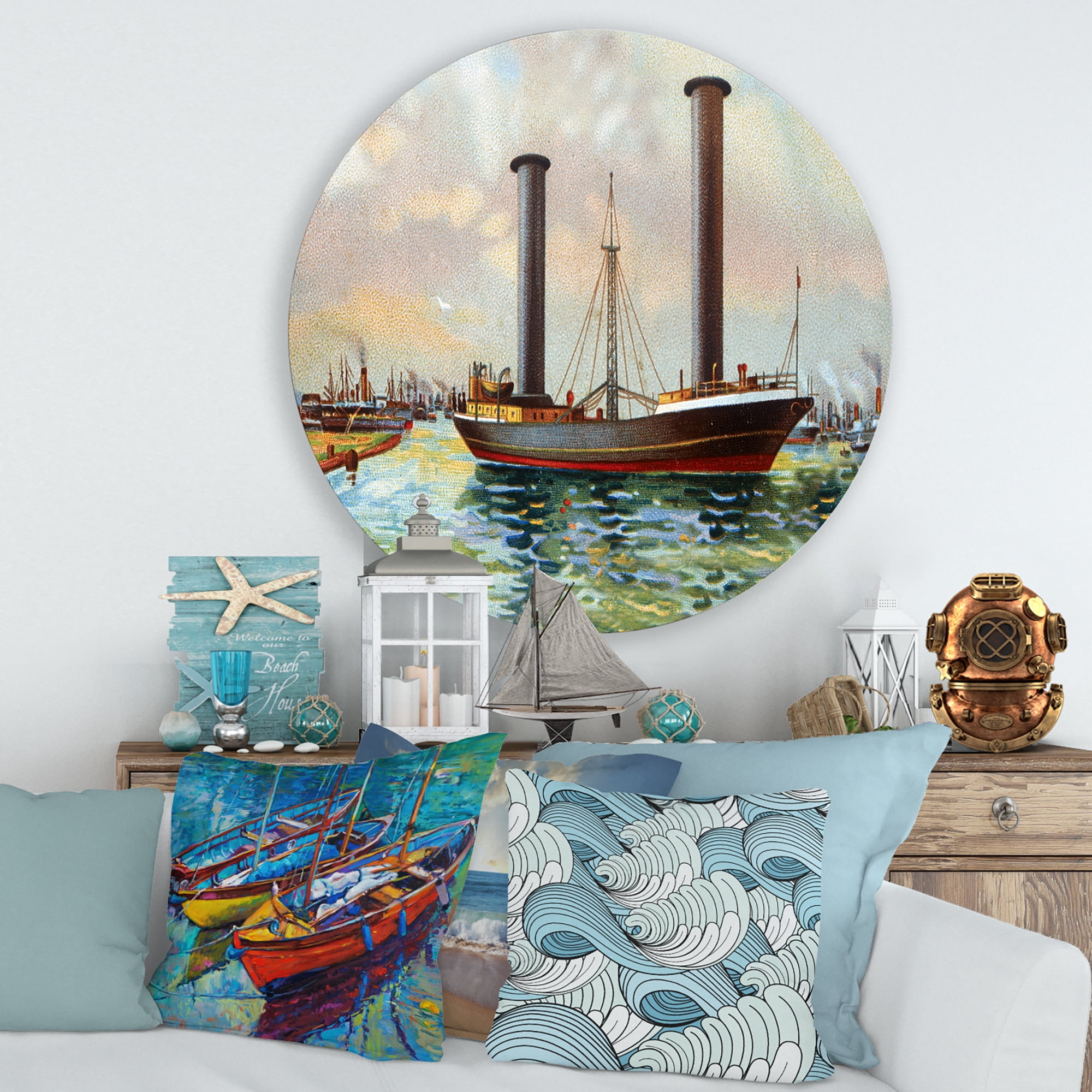 Designart 'The Ancient Boat Leaving The Harbor' Nautical & Coastal Circle Metal Wall Art 36x36 - Disc of 36