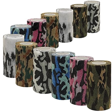 [12 Pack 4 x 5 Yards] Self Adhesive Bandage Wrap Military Camouflage Color Athletic Tape for Sports or Injuries Elastic Bandage Wrist and Ankle Tape Non-Woven Cohesive Bandage (4 Inch Military Mix)