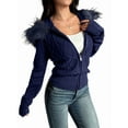 thumbnail image 2 of Women'S Zip Up Cardigan Sweater Cable Faux Fur Hoodies Long Sleeve Jacket Knit Outfits Y2K Navy Blue M, 2 of 9