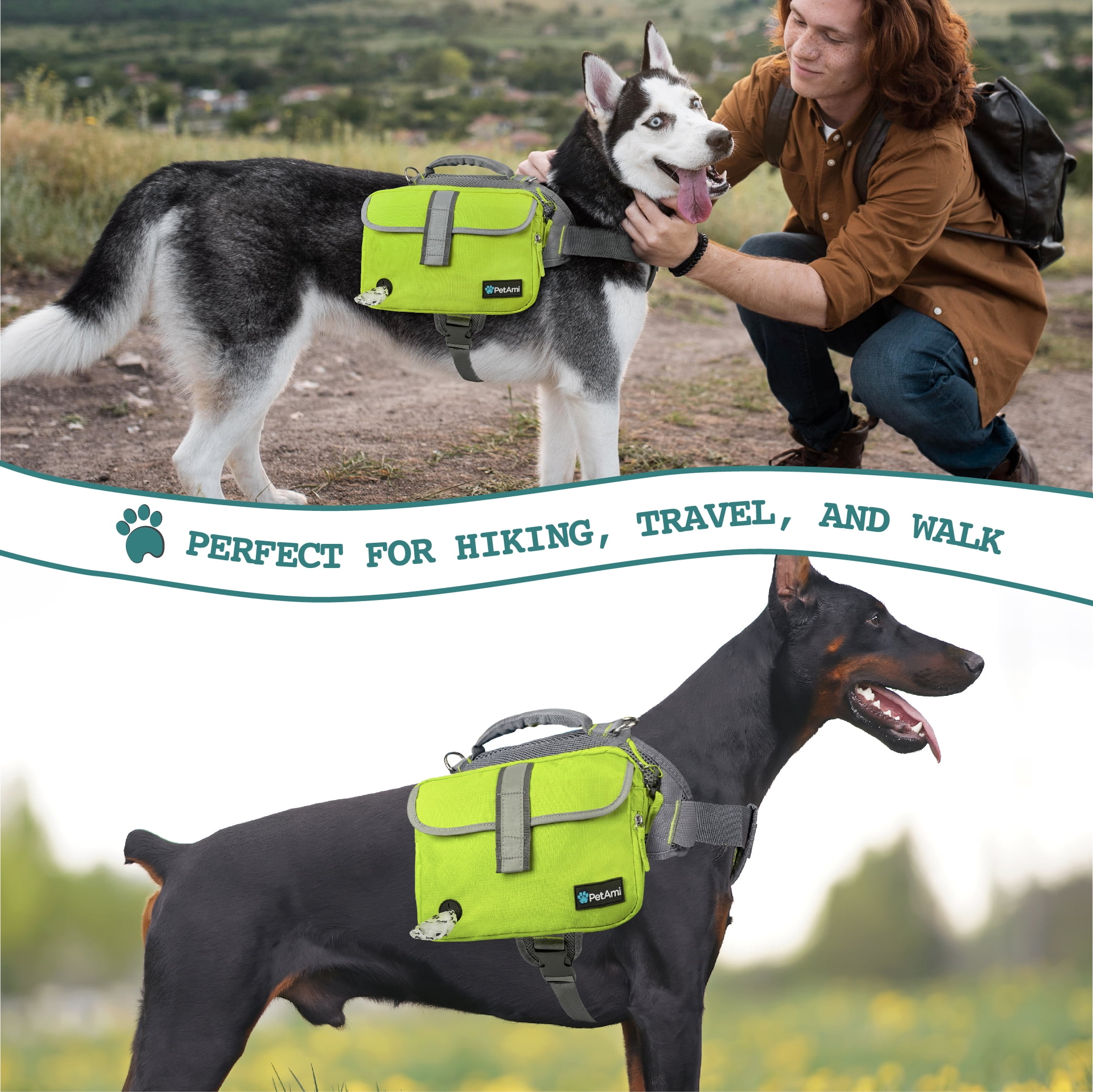 PetAmi Dog Backpack Saddle Bag for Medium Large Dogs, Saddlebag for Dogs to Wear, Harness Saddlebag for Hiking with Reflective Safety Side Pockets, Vest Dog Pack for Camping Travel (Green, Large)