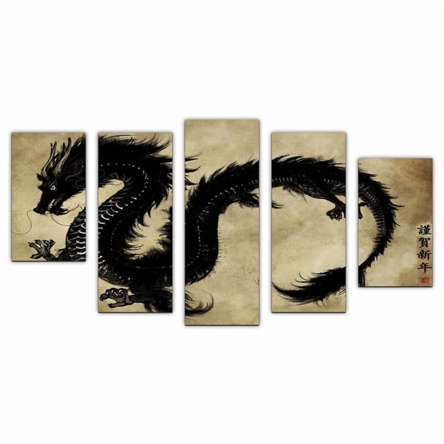 Cuadro Decorativo Dragón Chino Negro Vintage Juego De 5 Piezas 150x80 Cm Arte Oriental Impactante Ideal Para Sala Oficina Estudio Comedor