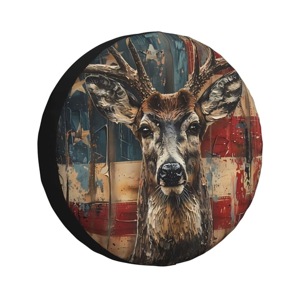 Fotbe American Flag Deer Art Funda de Llanta de Repuesto con Estampado, Engrosada, Ajuste Universal para Jeep, Remolque, RV, SUV, Camión-15 inch