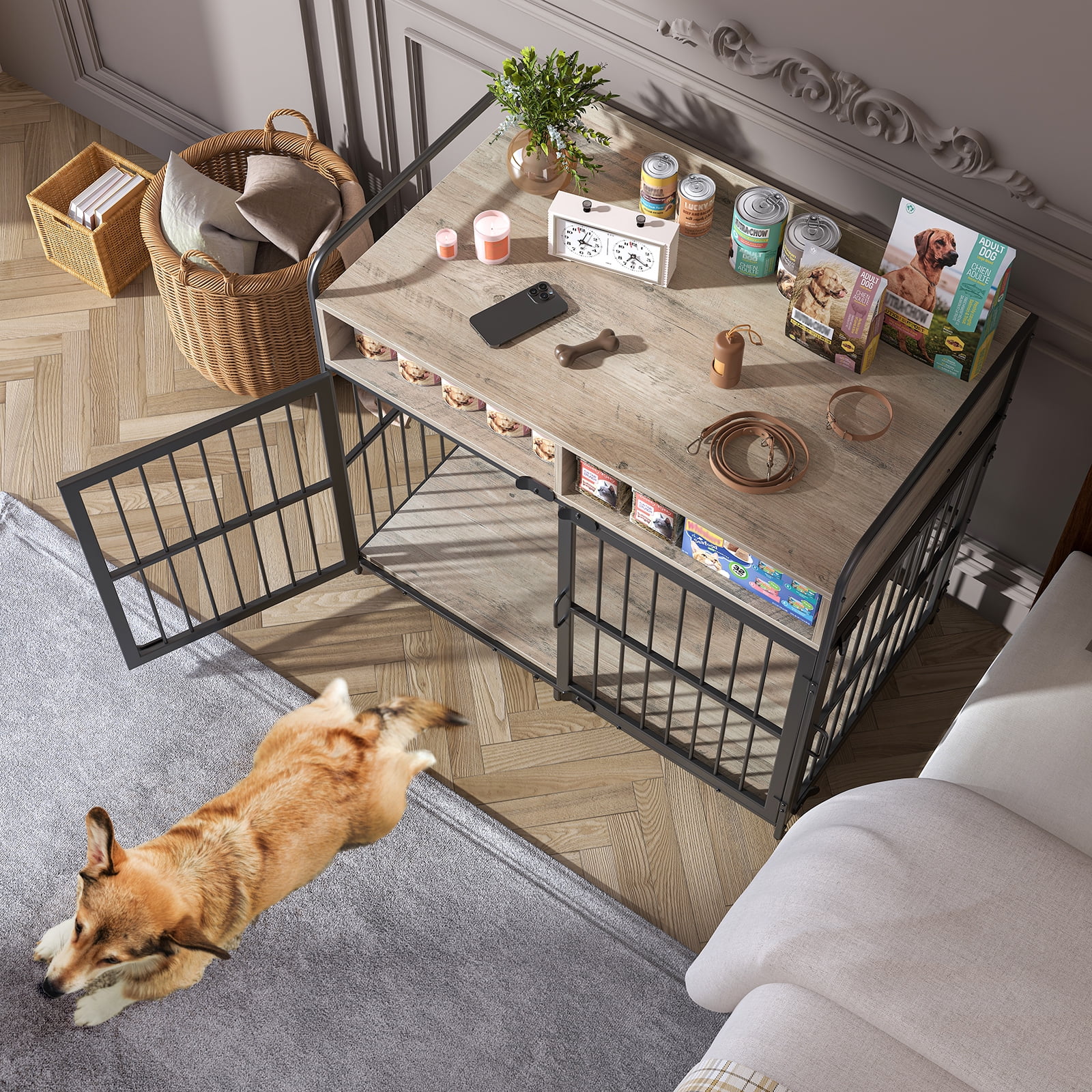 Large Furniture Dog Crate, Dog Kennel Indoor, Wood Dog Cage Table with Drawers Storage