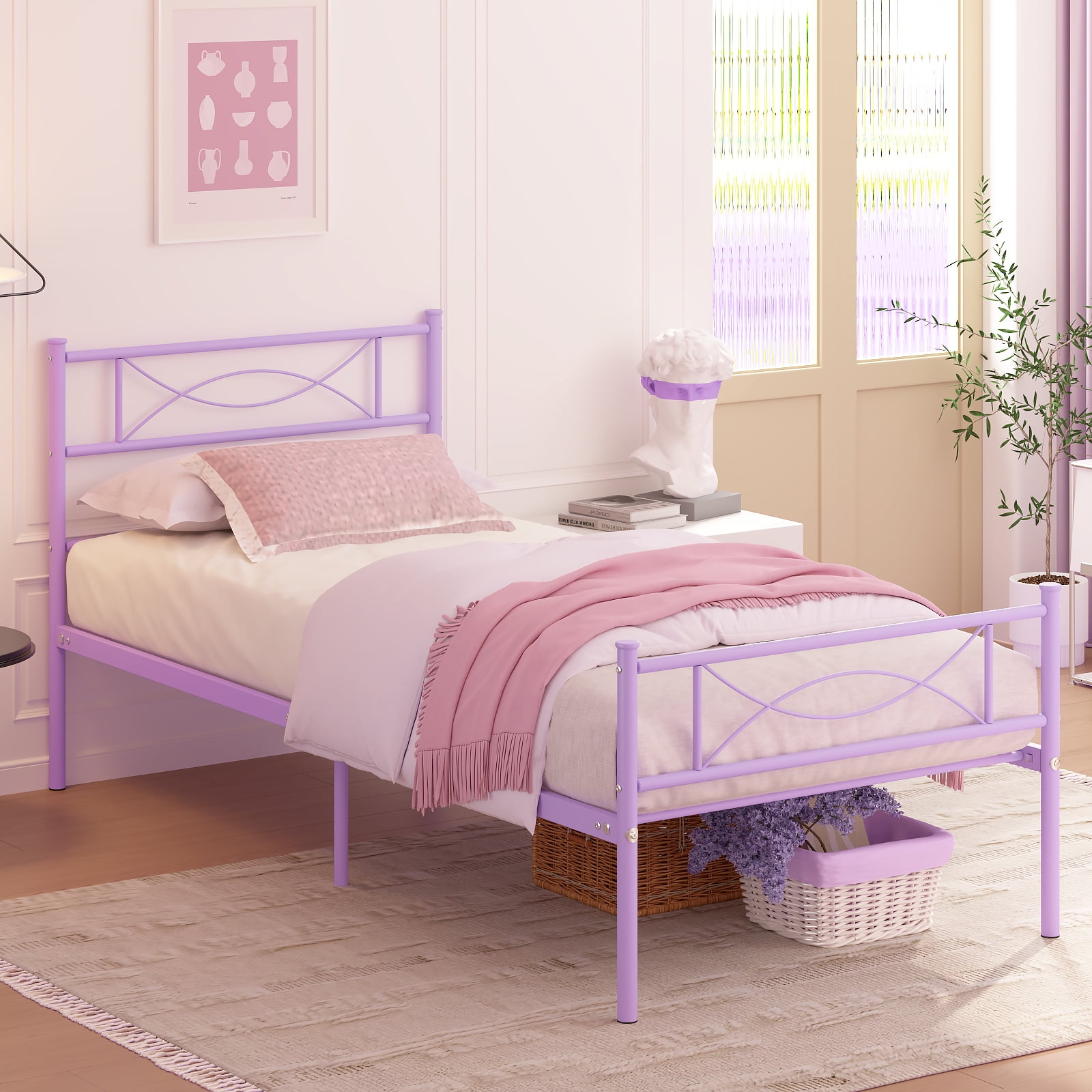 Yoneston Kids Twin Size Metal Platform Bed Frame Single Bed with Bowknot Headboards for Girls Bedroom Furniture - Light Purple