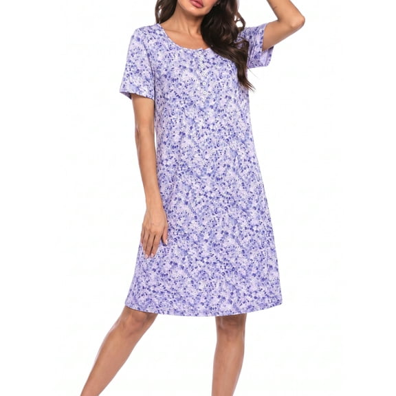 Ekouaer Nightgowns for Women with Pockets Button Front Short Sleeve House Dresses Floral Print Mumu Dress MooMoo Dresses