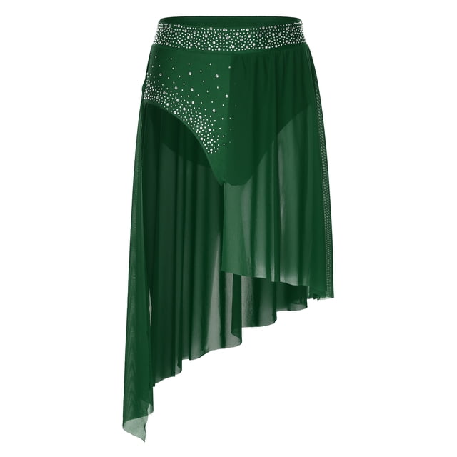 Venjoe Sequin Rhinestones Lyrical Dance Dress for Women Split Irregular Hem Skirt for Stage Performance Green L