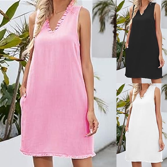 Zyekqe Dresses for Women Sleevelesss T Shirts Dresses Ruffle V Neck Tank Dress Summer Sundress with Pockets