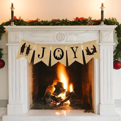 Christmas Burlap Banner Nativity Joy Burlap Banner Nativity Scenes Bunting Banner Xmas Holiday Banner Garland Rustic Merry Christmas Hanging Banner for New Year Party Home Mantel Fireplace