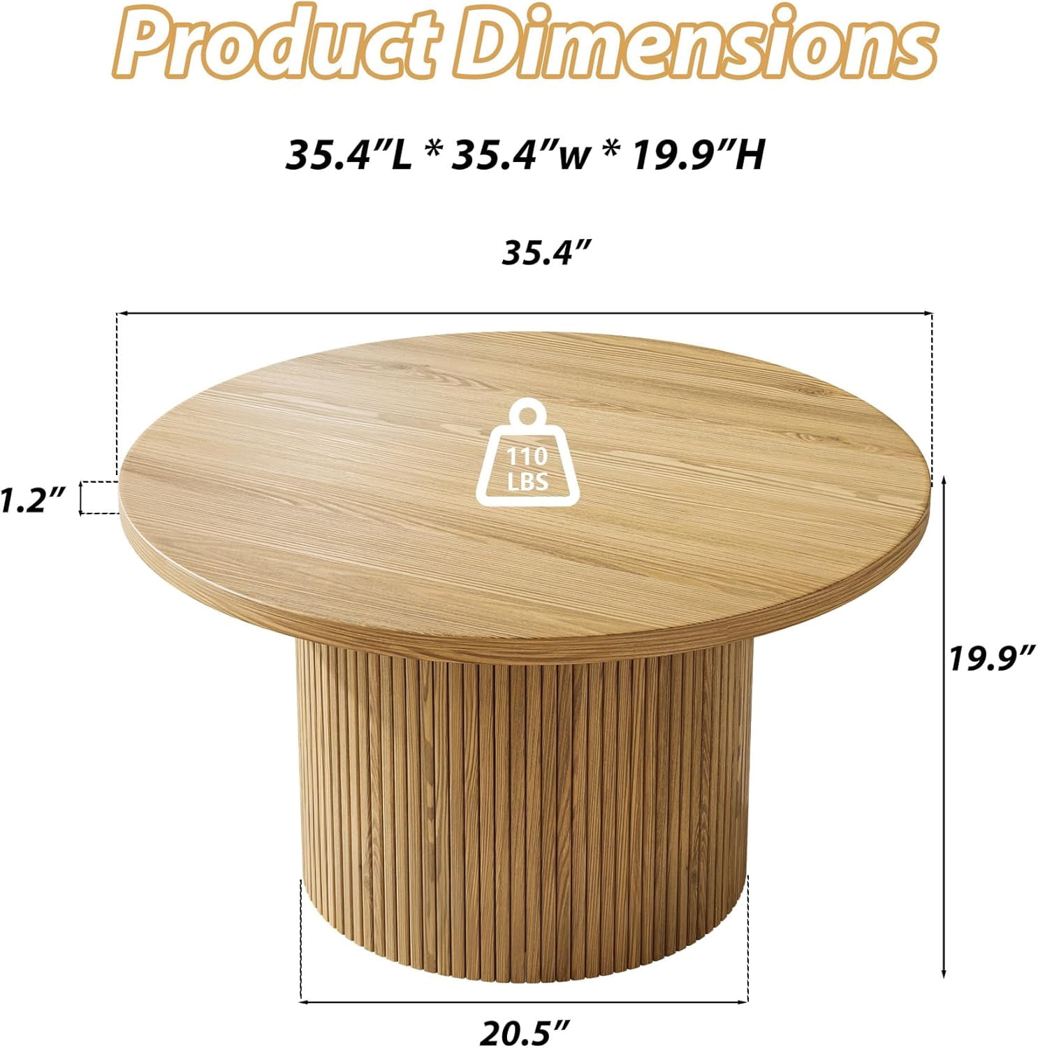 FURNIWAY Round Coffee Table with Storage, 35" Coffee Tables for Living Room, Circle Wood Accent Center Table for Apartment, Oak