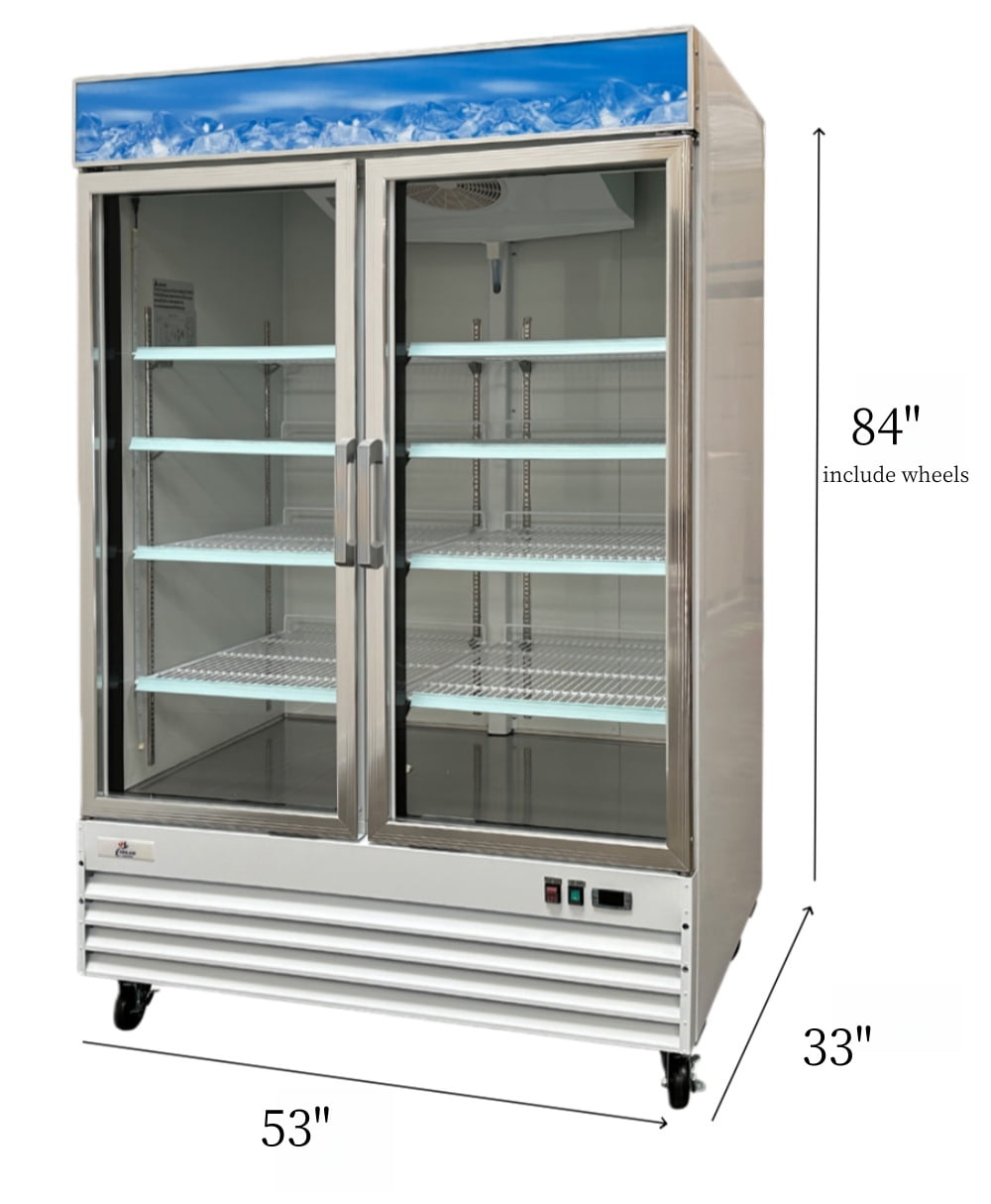 Commercial Reach in Refrigerator, 53" x 33" x 84", 45 Cubic Ft, 2 Glass Door, White Stainless Steel exterior, NSF Certified