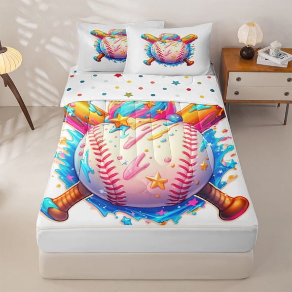 Homewish Rainbow Drippy Baseball & Bat Print Zipper Twin Comforter Sets with Fitted Sheet and 2 Pillowcases,Colorful Sports Zipper Bedding Set For Kids Boys And Girls,Reversible,4 Pieces