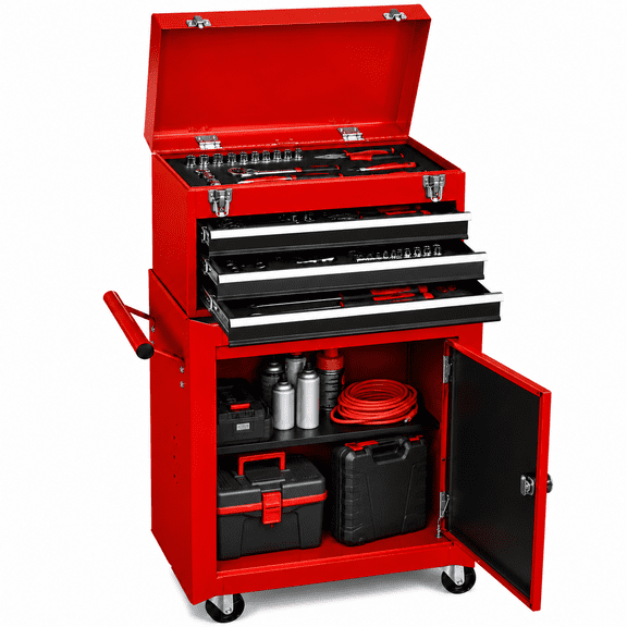 HPDAVV Detachable 3-Drawer Rolling Tool Chest, Red Metal Tool Box and Storage Cabinet with Adjustable Shelf, Locking Drawers, Side Handles and Brake Wheels for Garage Workshop