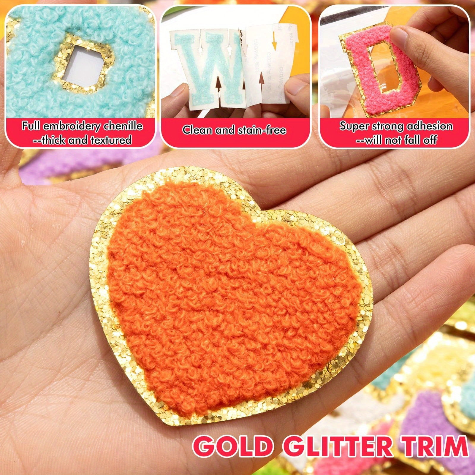 45 Pcs Chenille Iron-On Patches with Gold Edge - 9 Designs × 5 Colors (Stars Hearts Flowers Smileys Rainbows Cross Lightning Paw Prints Bows) for Hats Jackets Jeans DIY School Craft