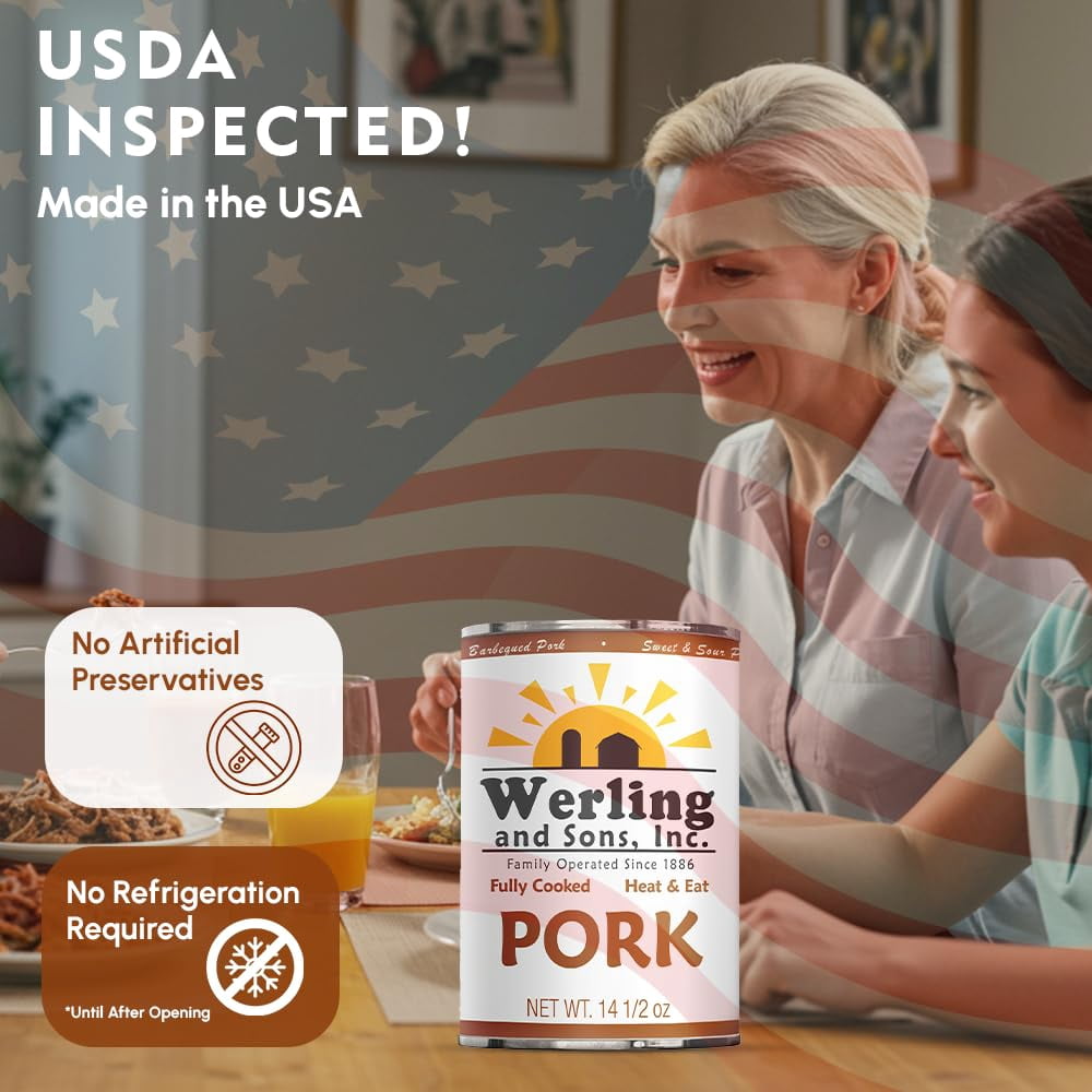 Werling & Sons Canned Pork 14.5 Oz – Fully Cooked, Heat & Serve | Premium Shelf-Stable Canned Meat | 5-Year Shelf Life | Ideal for Emergency, Survival, Camping & Quick Meals | Pack of 6 | Made in USA