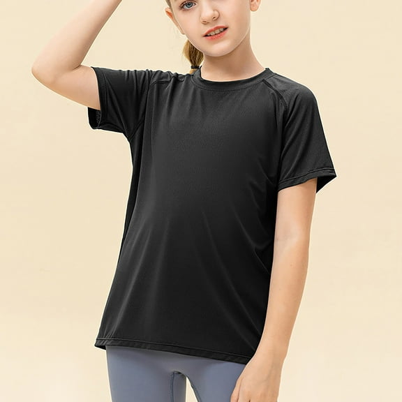 Dianli Girls' Tops, Tees & Blouses Gym Yoga Crew Neck Blouse Loose Fit Short Sleeve Casual Solid Tops Soft Summer Tops Clothes for Girls 4-12 Black 6 Years