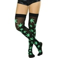 thumbnail image 5 of ToBeInStyle Womens Fun Acrylic Iconic Leaf Printed Thigh Highs - Black/Green, 5 of 6