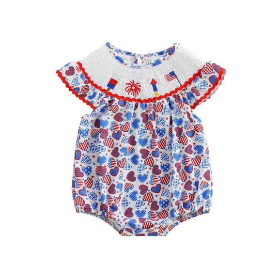 BemeyourBBs Baby Girl Patriotic Romper Embroidery Heart Print Fly Sleeves Jumpsuit