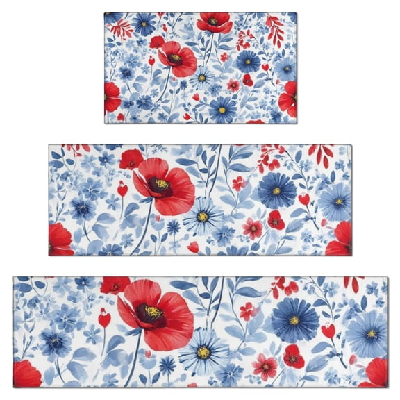 Pioneer Flower Floral Print Pattern Kitchen Rugs Sets Of 3,Kitchen Runner Rugs Non Skid Washable,Decorative Kitchen Floor Mats for Kitchen,Sink,Laundry,17"x30" 17"x47" 17"x59"