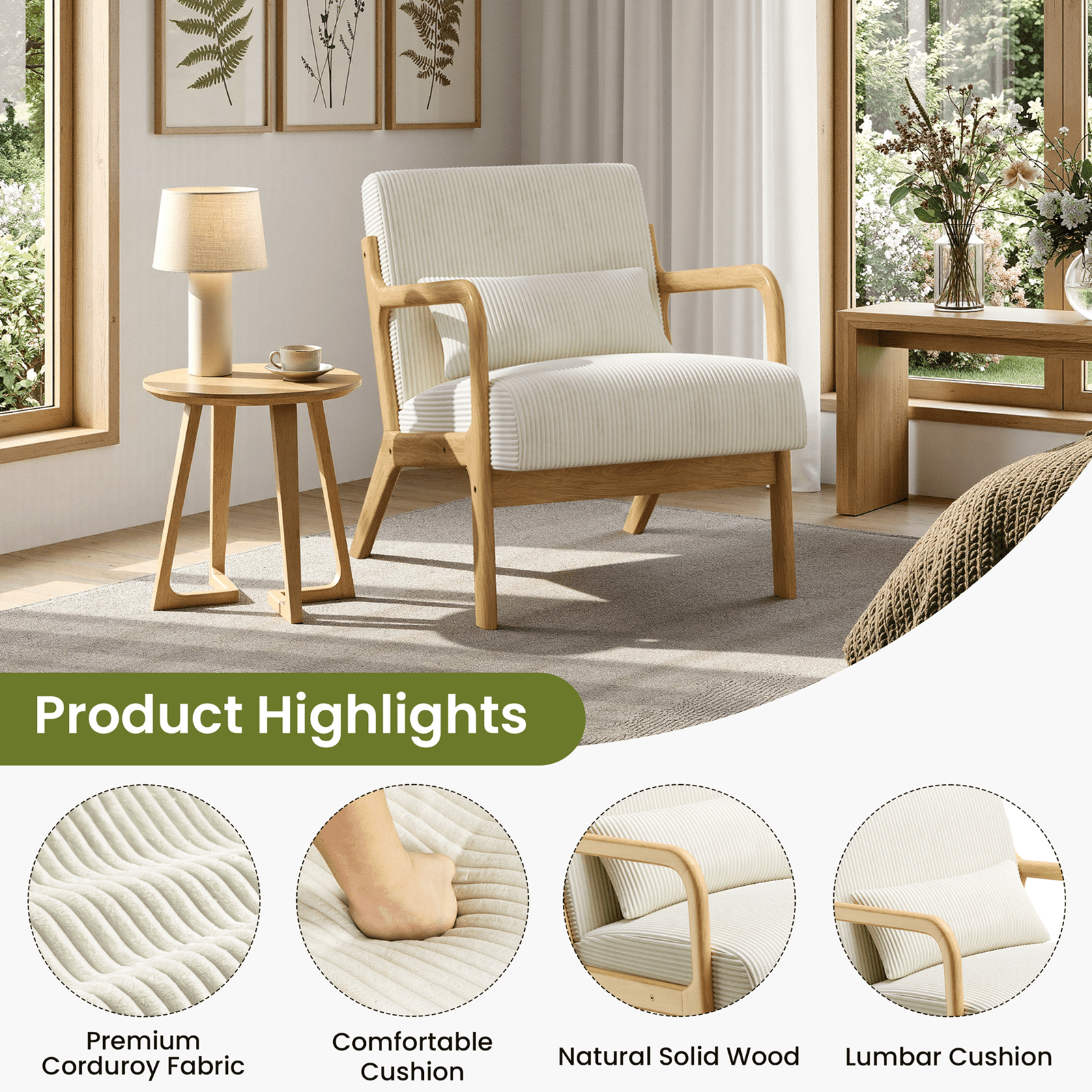 Renwick Mid-Century Corduroy Accent Chair, Modern Armchair with Wood Frame and Pillow for Living Room Bedroom Furniture, Set of 2, Beige