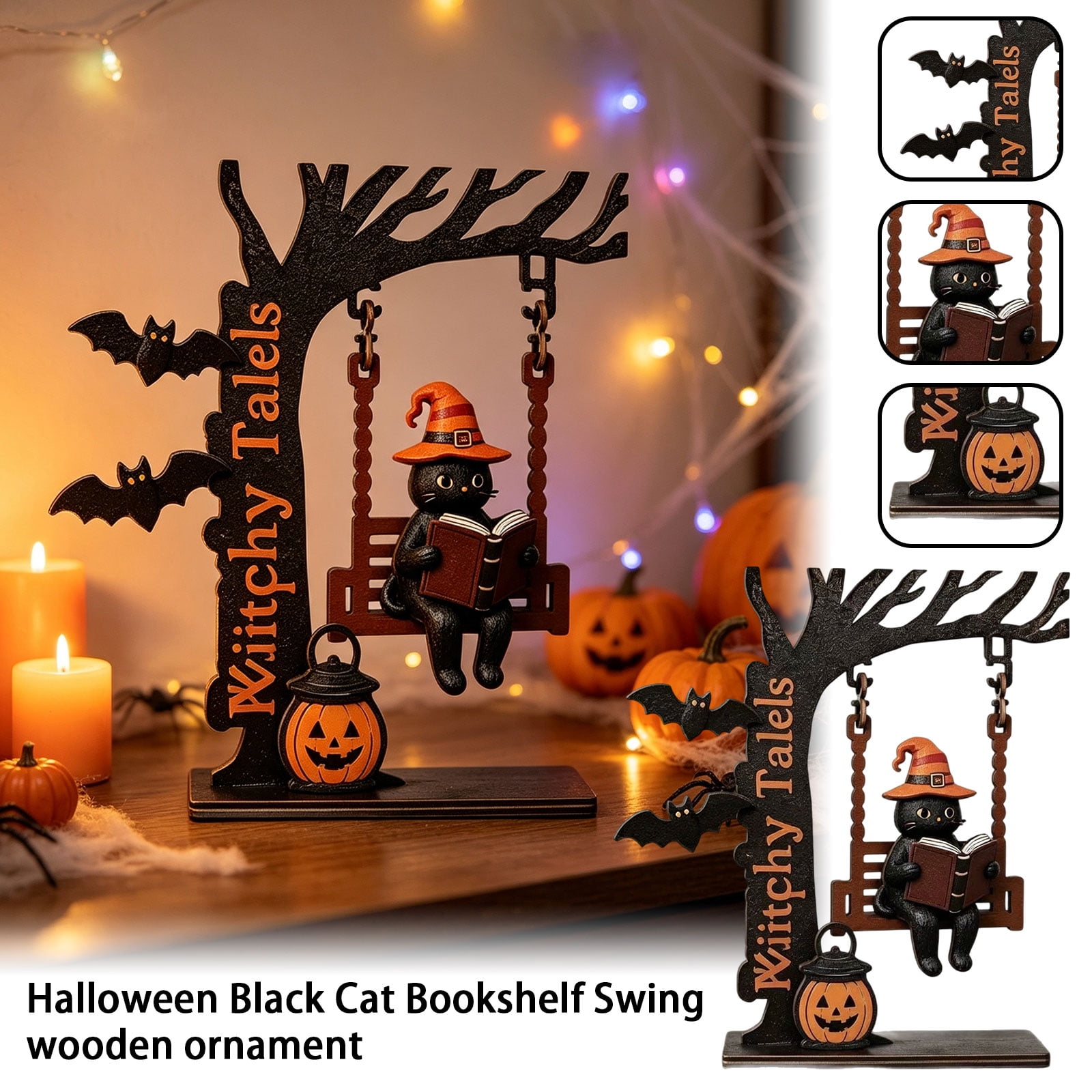 Wooden Halloween Decor Black Cat Swing Ornament Rustic Bookshelf Accessories & Desktop Centerpiece Pre-assembled Gothic Witchy Fall Home Decoration for Office Shelf Mantel Gift