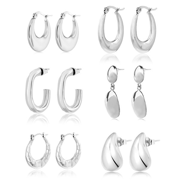 JeenMata Juego de 6 pares de pendientes de moda para mujer chapados en oro blanco, pendientes de aro, pendientes hipoalergénicos de gota gruesos y ligeros, regalo de joyería para mujer