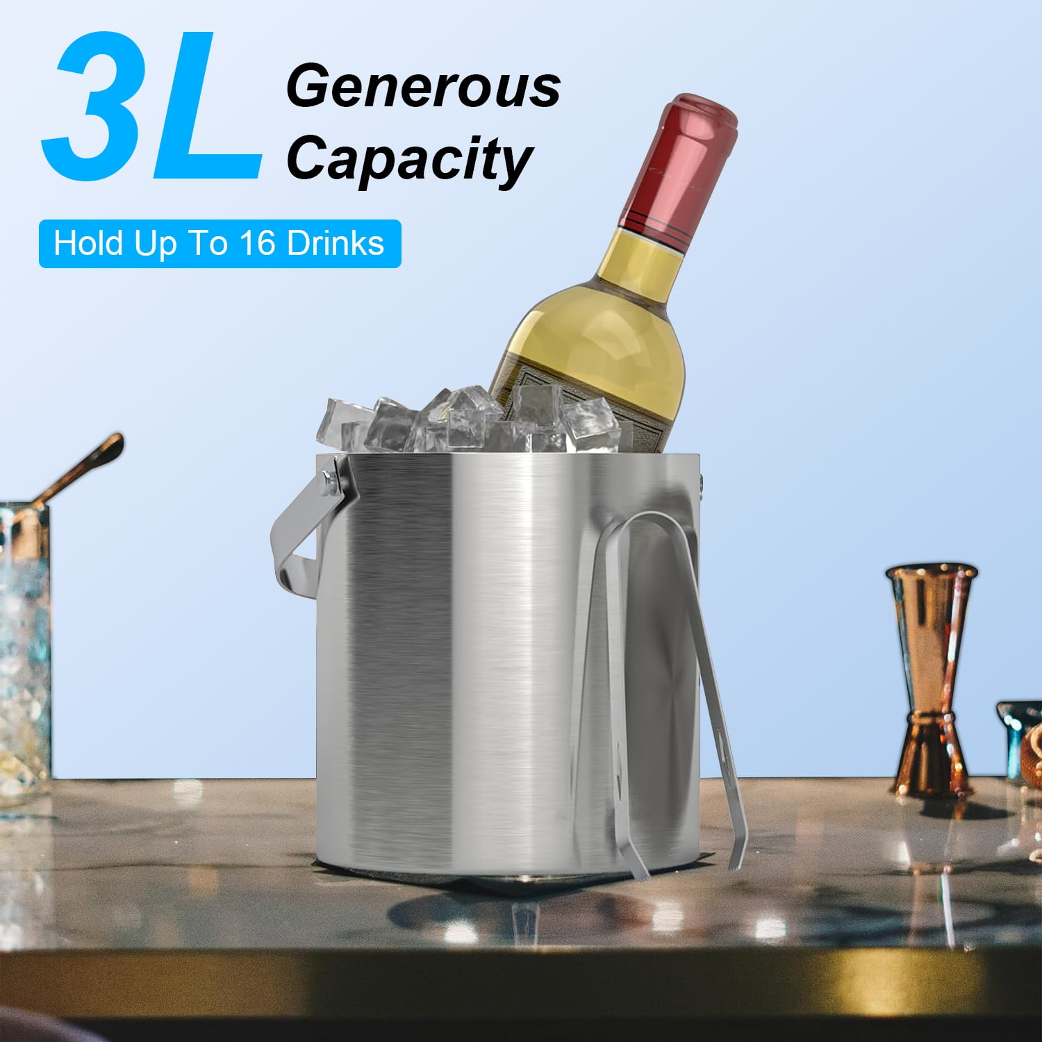 FENGFAN 3L Insulated Ice Bucket, Double-Wall 304 Stainless Steel Ice Holder with Accessories for Party Bar Use