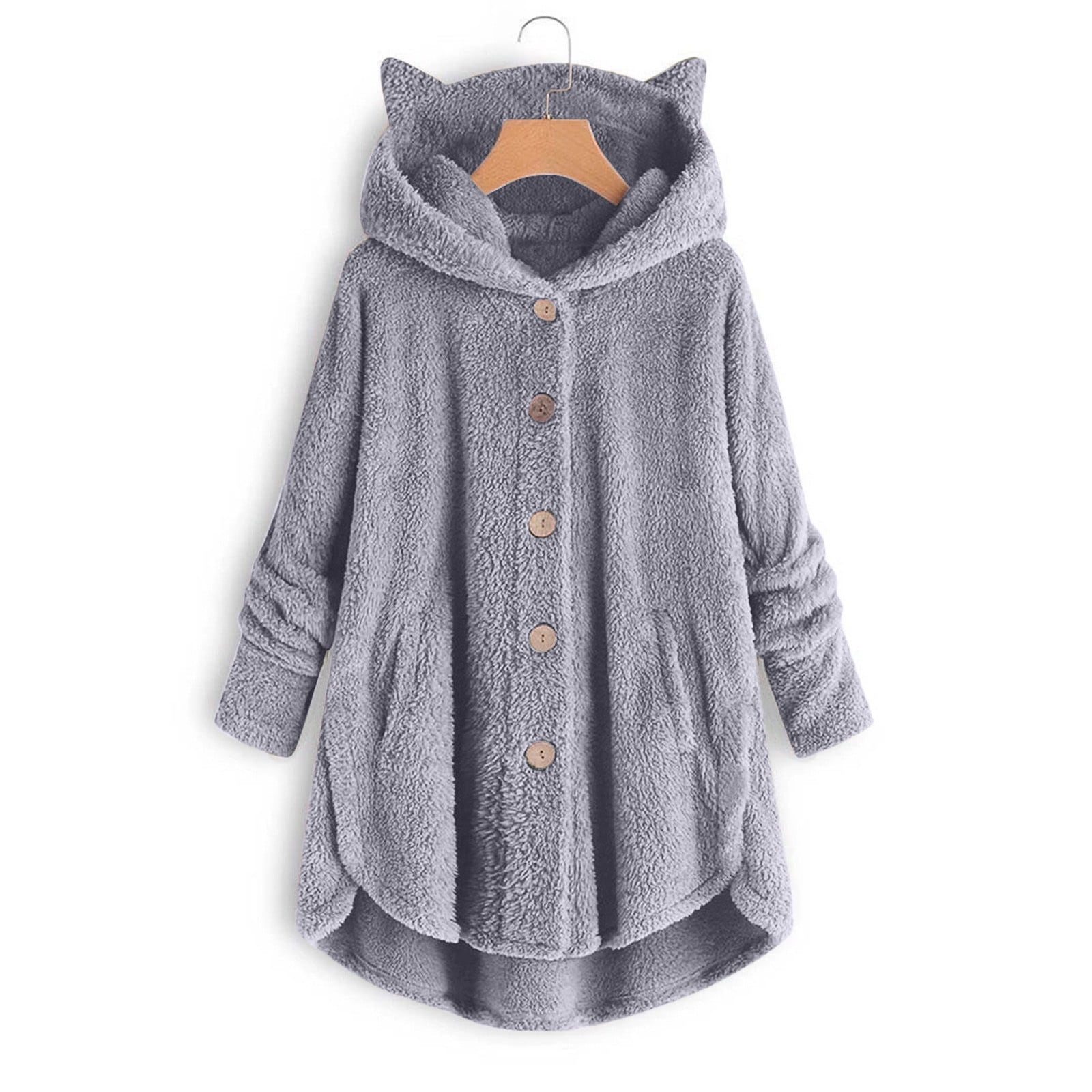 Tejiojio Womens Winter Fleece Teddy Solid Coat Fuzzy Hooded Cardigan ...