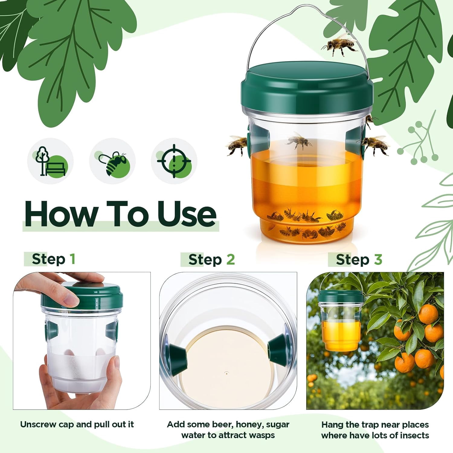 4 Pack Wasp Traps Outdoor Hanging, Solar Bee Trap for Outside with LED Light, Reusable Solar Powered Insect Traps for Garden, Patio, Porch, Backyard, Green
