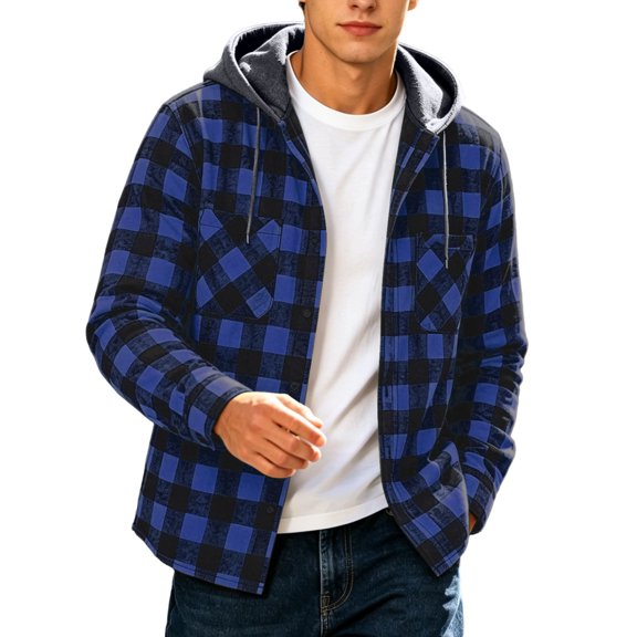 Bysome Men Hoodies Plaid Print Long Sleeve Hooded Tees Autumn Thermal Men Hoodie Size L Blue