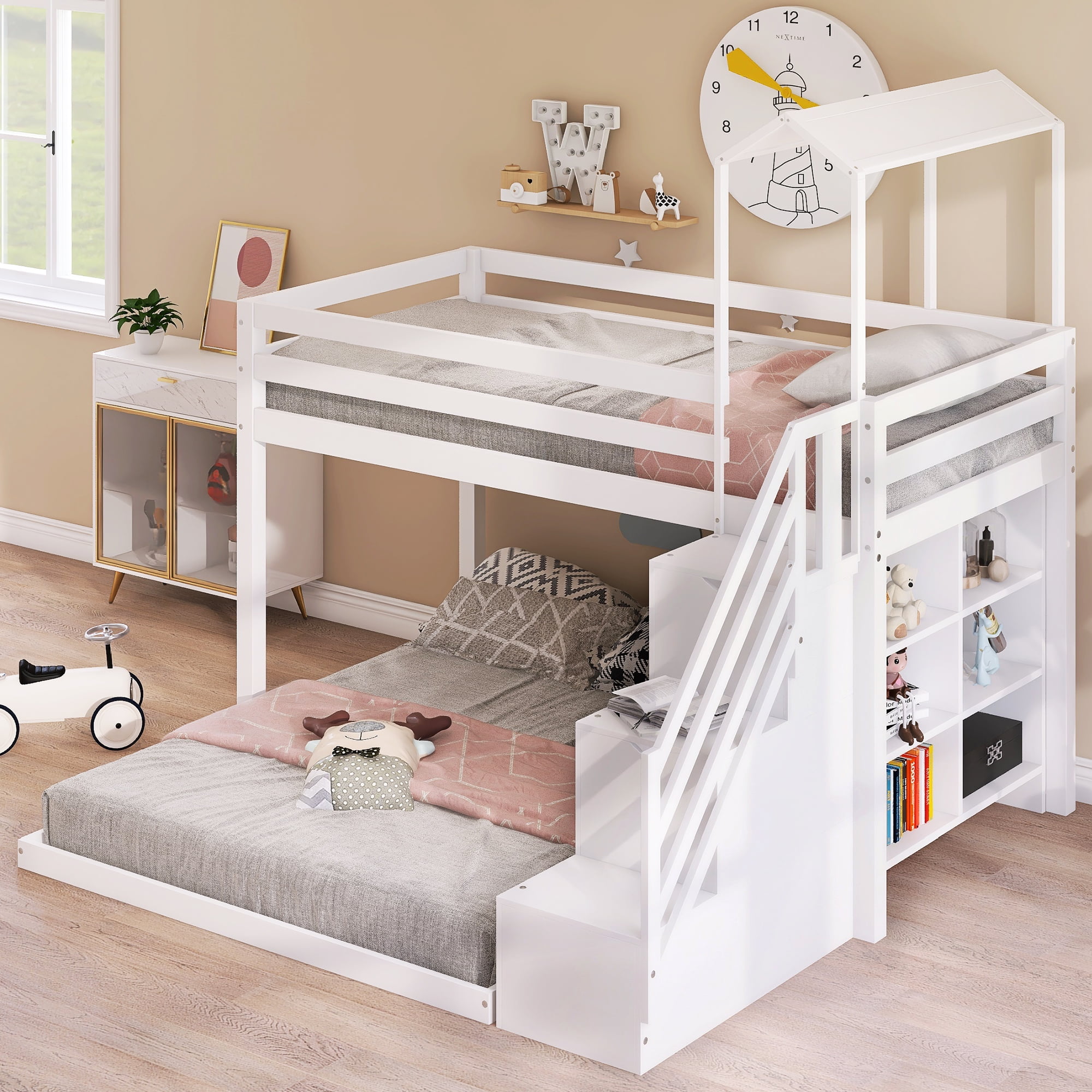 DreamBuck House Bunk Beds, Twin over Full Bunk Bed with Stairs and ...