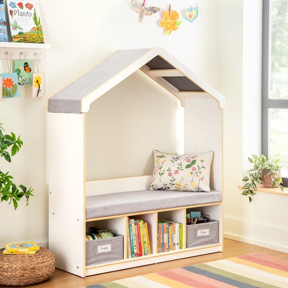 Guidecraft EdQ Kids' Reading Nook - White: Children's Bookshelf Storage Bench with Cubbies and Bins