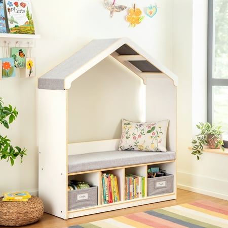 Guidecraft EdQ Kids' Reading Nook - White: Children's Bookshelf Storage Bench with Cubbies and Bins