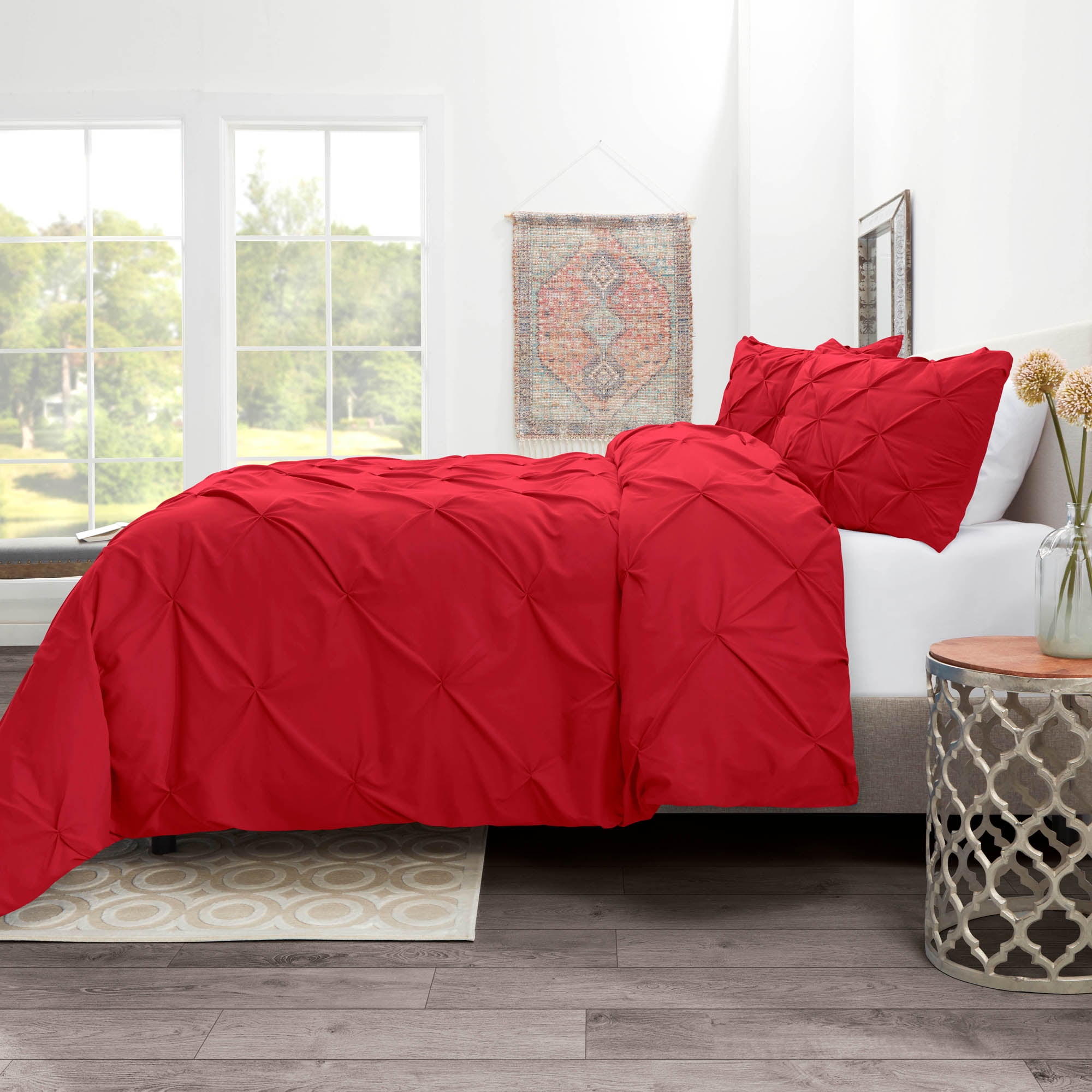 Nestl 3 Piece Pinch Pleated Pintuck Duvet Cover Set with Shams, Soft Microfiber,Button Closure Bedding Set, King - Cherry Red