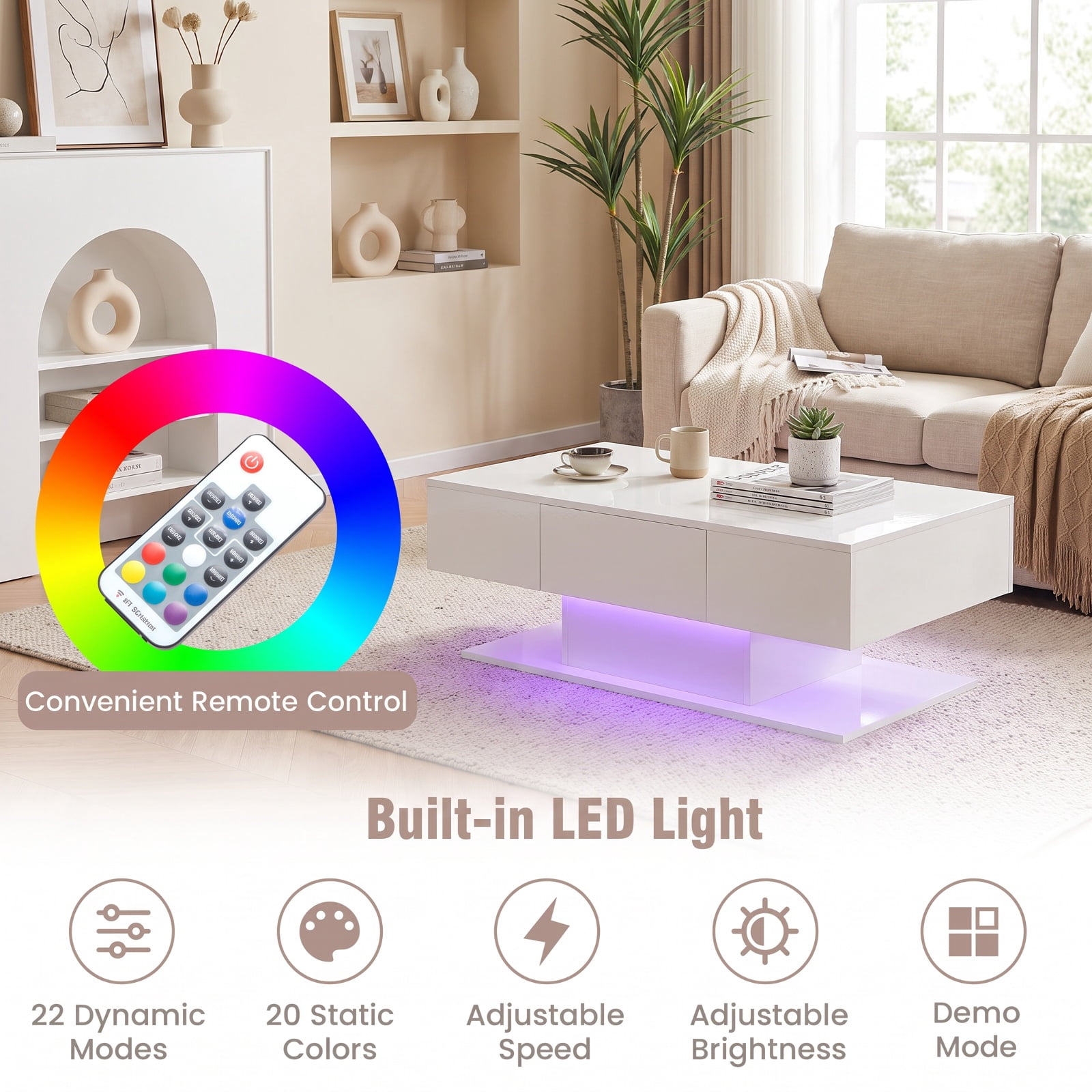 Furnibear Modern LED Coffee Table with 20 Color Lights Remote Control and 2 Push to Open Storage Drawers for Living Room, White