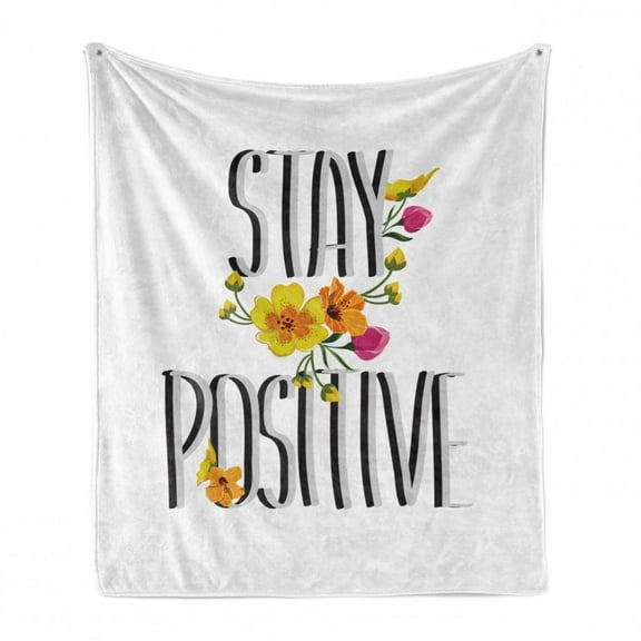 Saying Soft Flannel Fleece Throw Blanket, Stay Positive Typography with Tropical Flowers on Colorful Chevron Background, Cozy Plush for Indoor and Outdoor Use, 50" x 60", Multicolor, by Ambesonne