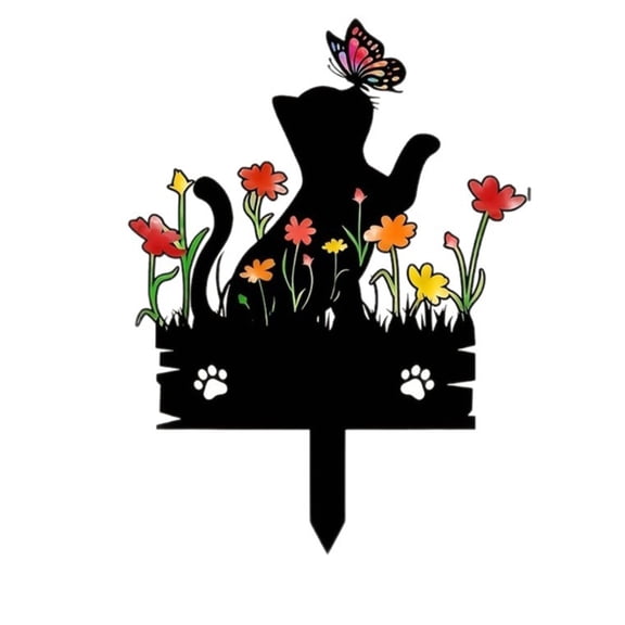 2D Black Silhouette Cat Memorial Garden Stake, Colorful Flower Butterfly Acrylic Pet Grave Marker, All Weather Fade Resistant Ground Stake Ornament for Yard Planter Loss Of Pet Sympathy Gift